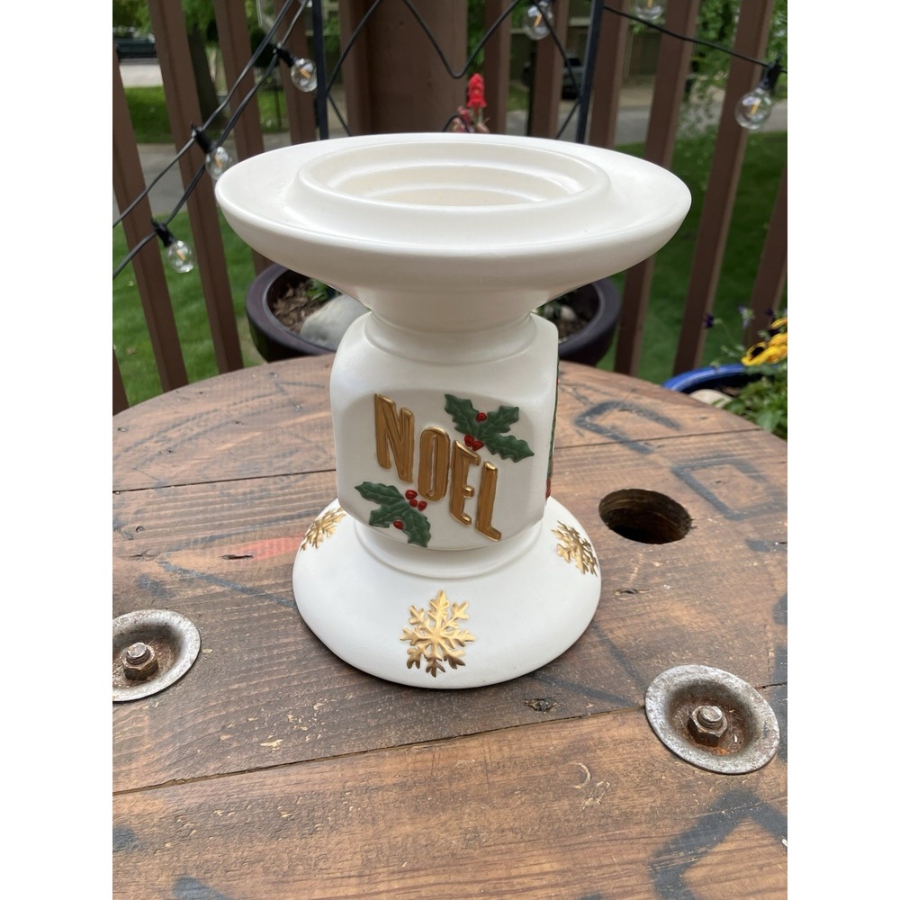 Vintage 1972 Handmade Noel Ceramic Pedestal Candle Holder Christmas Holly 8"